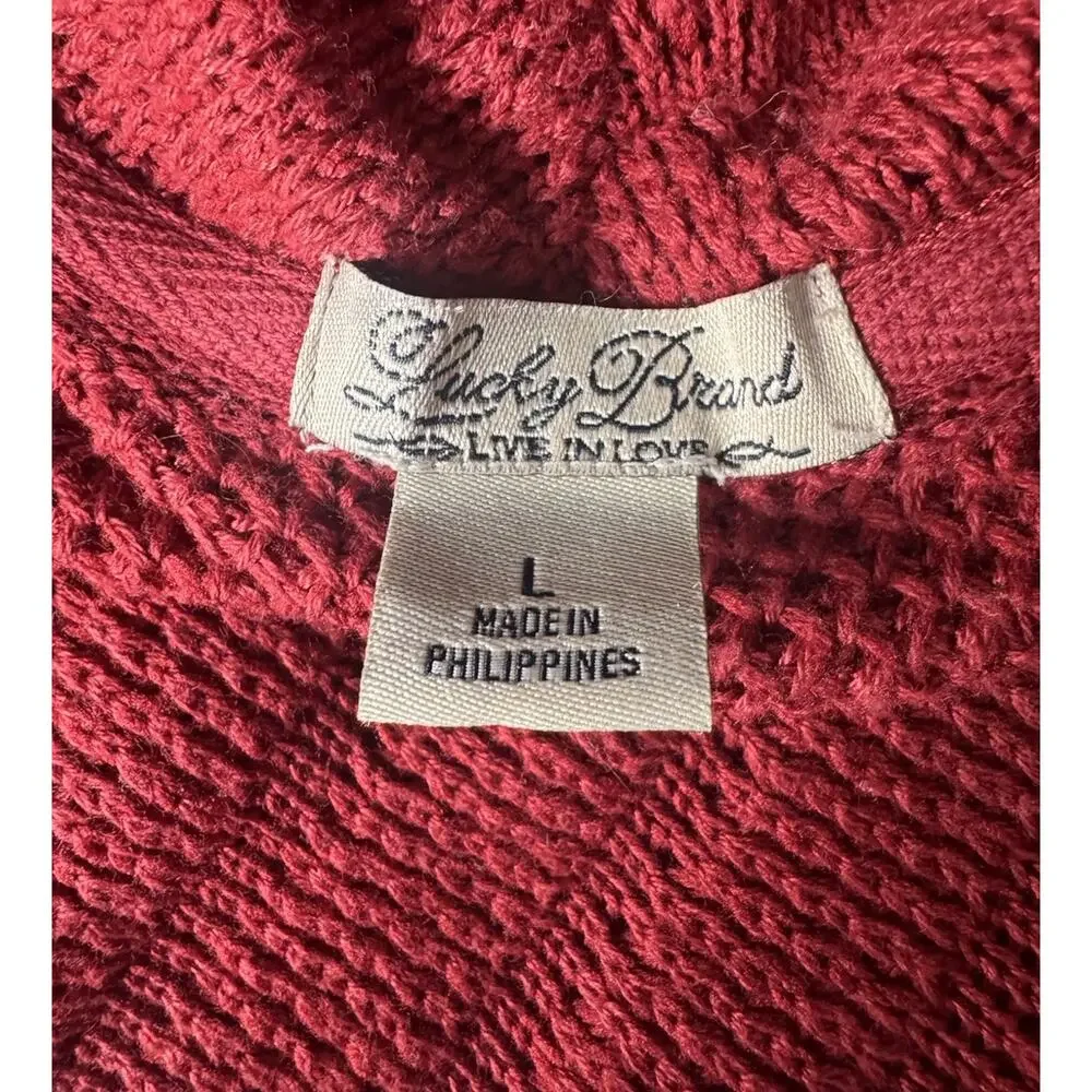 Lucky Brand Womens Red Waterfall Mixed Media Cardigan Boho Layering Sweater Sz L